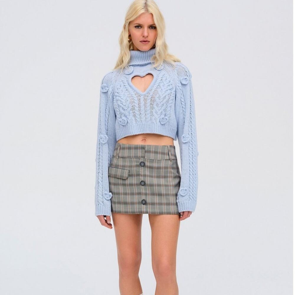 NWT FOR LOVE & LEMONS Rebecca Heart Sweater Size S & M in Blue Knit Turtle Neck - Picture 2 of 11